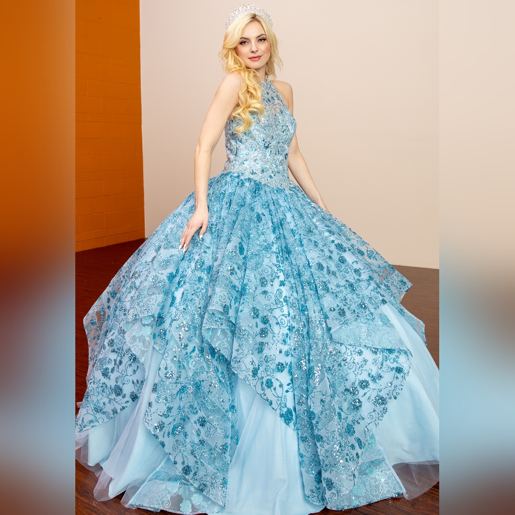 Blue Elegant Halter Glittler Ball Gown Size Xs